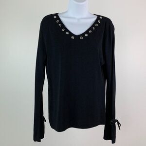 Larry Levine sz L Knit Top Long Sleeve Ribbed Fabric Silver Circle Holes